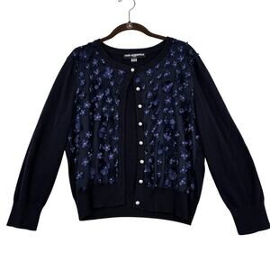 Karl Lagerfeld Paris Cardigan Sweater Size L Blue Sheer Front 3D Flowers